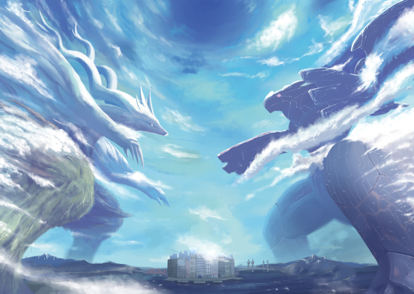 city cloud epic gen_5_pokemon kaijuu kajipon monster mountain no_humans ocean parody pokemon pokemon_(creature) realistic reshiram sky xenoblade_(series) xenoblade_1 zekrom