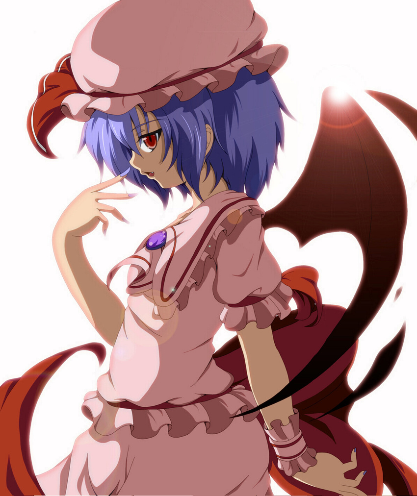 bat_wings blue_hair dr._cryptoso fang fingernails hat highres lens_flare red_eyes remilia_scarlet short_hair slit_pupils solo touhou wings
