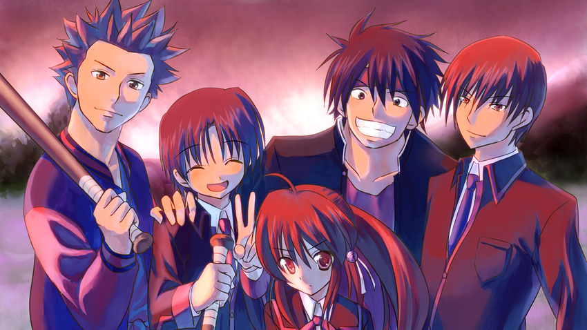 4boys baseball_bat collarbone inohara_masato kotsu little_busters! long_hair miyazawa_kengo multiple_boys naoe_riki natsume_kyousuke natsume_rin necktie school_uniform short_hair smile spiked_hair teeth v