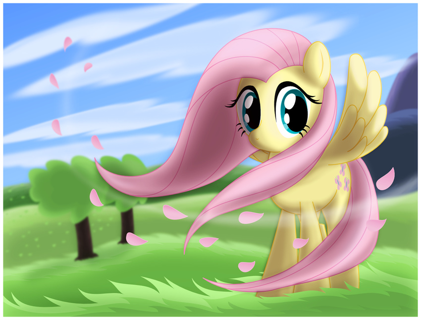 cloud clouds cute cutie_mark equine female feral fluttershy_(mlp) friendship_is_magic grass hair horse mammal mountain my_little_pony pegasus pink_hair pony sky solo tree wind wings wood