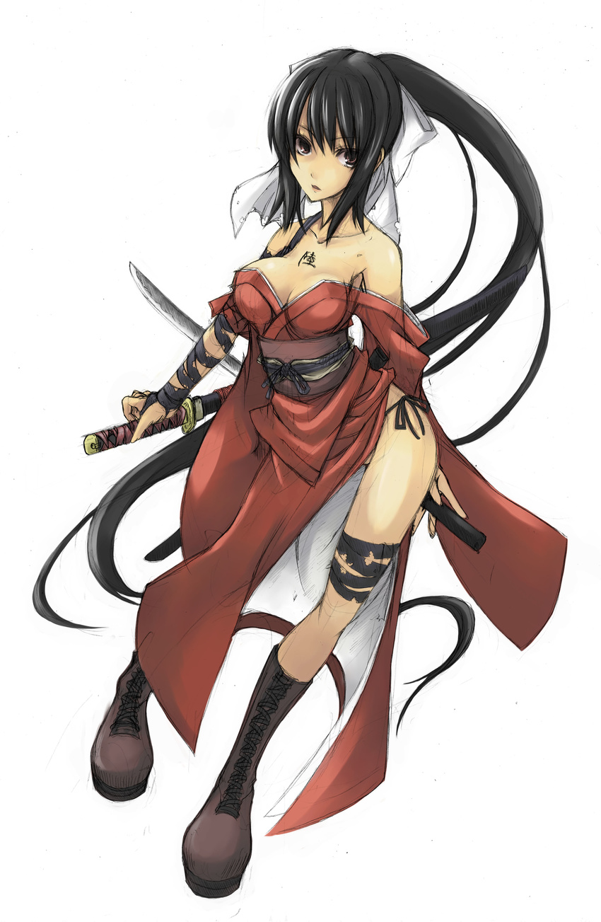 absurdly_long_hair absurdres arm_wrap bandages bare_shoulders black_hair boots bow breasts collarbone cross-laced_footwear full_body hair_bow highres japanese_clothes katana kimono leg_wrap long_hair looking_at_viewer markings medium_breasts mixed_media nikubanare noihara_himari omamori_himari open_clothes panties pink_eyes ponytail purple_eyes red_eyes side-tie_panties sidelocks simple_background sketch solo standing sword thighhighs torn_clothes traditional_media underwear very_long_hair weapon white_background