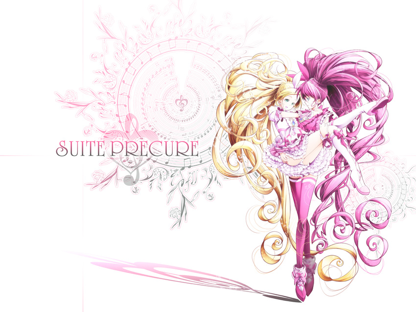 bad_id bad_pixiv_id beamed_eighth_notes blonde_hair blue_eyes boots bow braid brooch carrying choker copyright_name crossed_legs cure_melody cure_rhythm eighth_note frills full_body g-clef_(suite_precure) green_eyes hair_ribbon hamuhamu highres houjou_hibiki jewelry knee_boots long_hair magical_girl minamino_kanade multiple_girls musical_note panties pantyshot pink_bow pink_hair pink_legwear precure princess_carry quarter_note ribbon shoes smile standing suite_precure thighhighs underwear very_long_hair watson_cross white_panties wrist_cuffs
