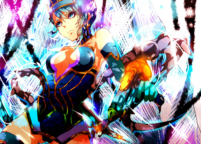 bad_id bad_pixiv_id bare_shoulders blue_eyes blue_hair blue_rose_(tiger_&amp;_bunny) boots breasts cleavage crystal_earrings earrings elbow_gloves gloves gun hat jewelry karina_lyle lipstick makeup medium_breasts short_hair solo superhero thigh_boots thighhighs tiger_&amp;_bunny watabe weapon