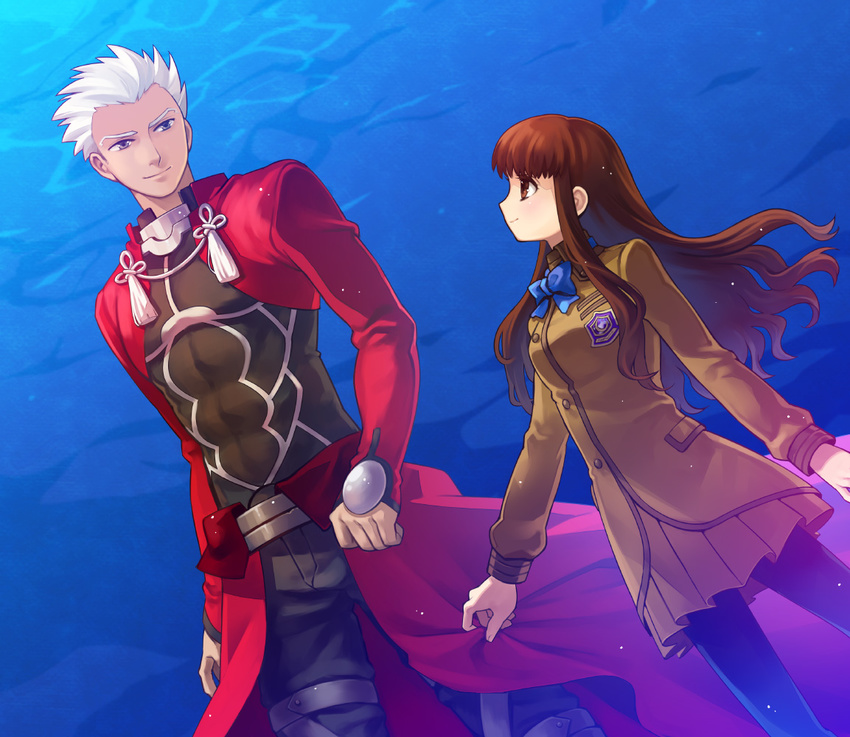 1girl archer blue_bow blue_neckwear bow bowtie brown_eyes brown_hair dark_skin fate/extra fate_(series) grey_eyes kishinami_hakuno_(female) long_hair pantyhose school_uniform tetsukuzu_tetsuko tsukumihara_academy_uniform_(fate/extra) underwater white_hair