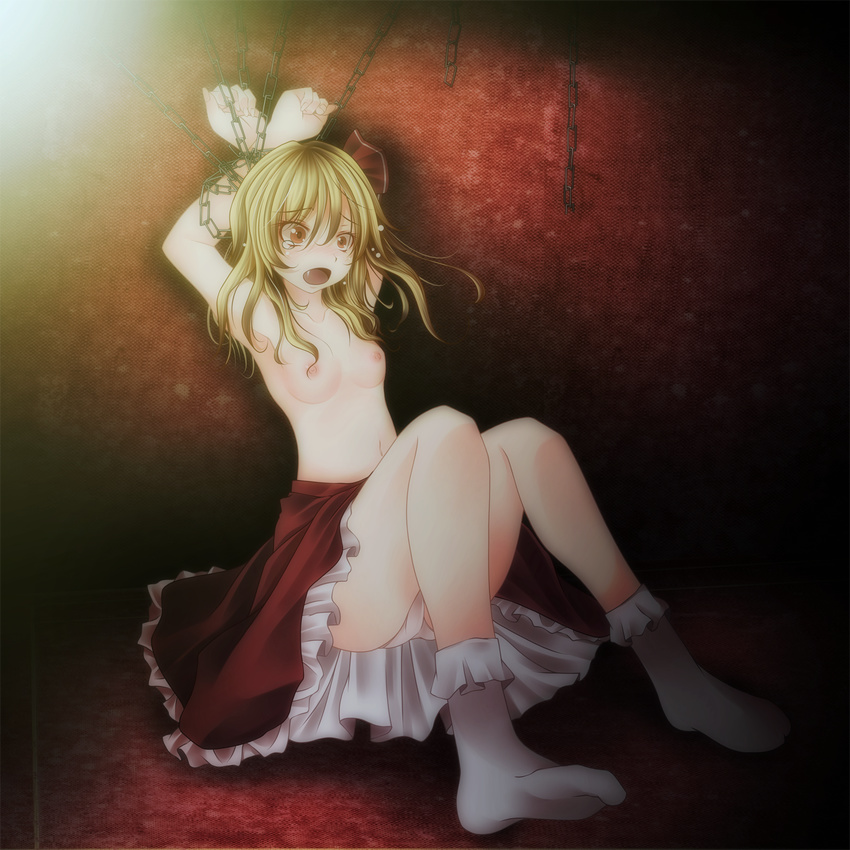 armpits arms_up bad_id bad_pixiv_id bdsm blonde_hair blush bondage bound breasts chain chained fang flandre_scarlet hair_ribbon highres nipples no_wings open_mouth panties pantyshot pantyshot_(sitting) red_eyes ribbon s-syogo short_hair side_ponytail sitting skirt small_breasts solo tears topless touhou underwear upskirt white_legwear white_panties