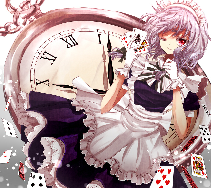 card clock falling_card gloves highres holding holding_card izayoi_sakuya maid maid_headdress playing_card red_eyes silver_hair solo touhou yuki_201