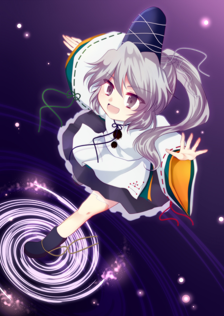 arm_up bad_id bad_pixiv_id boots grey_eyes hat highres japanese_clothes mononobe_no_futo open_mouth outstretched_arm ponytail ripples short_hair silver_hair skirt smile solo tate_eboshi touhou uranaishi_(miraura)