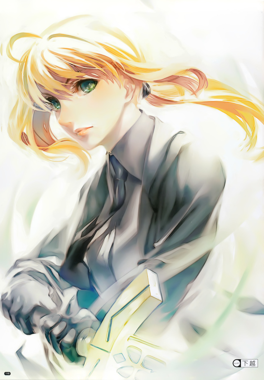 absurdres artoria_pendragon_(all) black_gloves blonde_hair excalibur fate/zero fate_(series) formal gloves green_eyes highres invisible_air necktie ponytail saber scan simosi solo suit sword weapon