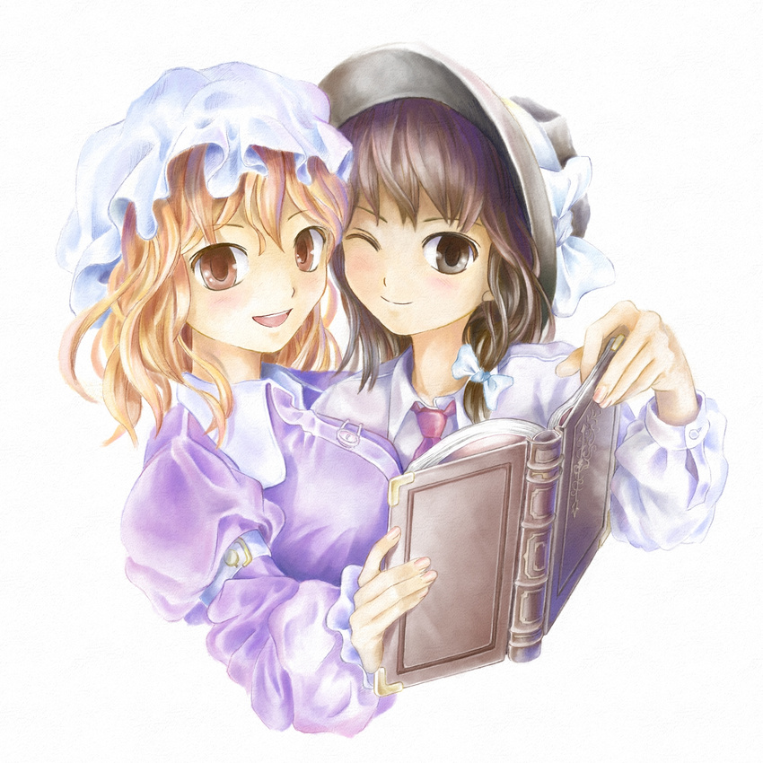 bad_id bad_pixiv_id blonde_hair book bow breasts brown_eyes brown_hair friends hair_bow hat hat_bow highres maribel_hearn medium_breasts multiple_girls nagayo necktie one_eye_closed open_mouth orange_eyes reading simple_background touhou upper_body usami_renko