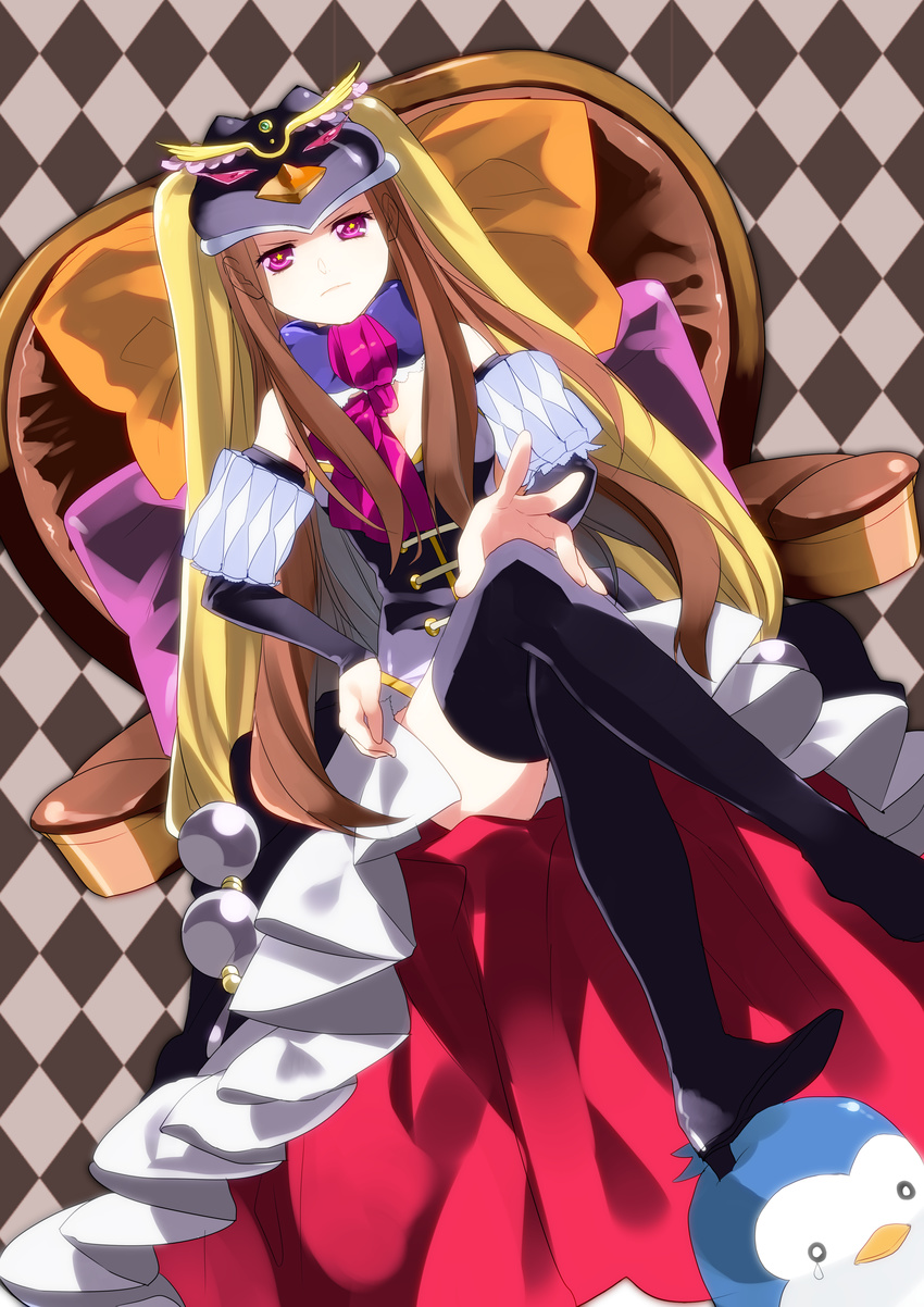 absurdres animal_hat bad_id bad_pixiv_id bird boots breasts bridal_gauntlets brown_hair chair cleavage crossed_legs dutch_angle frills frown hat highres leotard long_hair long_legs mawaru_penguindrum medium_breasts penguin princess_of_the_crystal purple_eyes sennen_suisei sitting solo star star-shaped_pupils symbol-shaped_pupils takakura_himari thigh_boots thighhighs