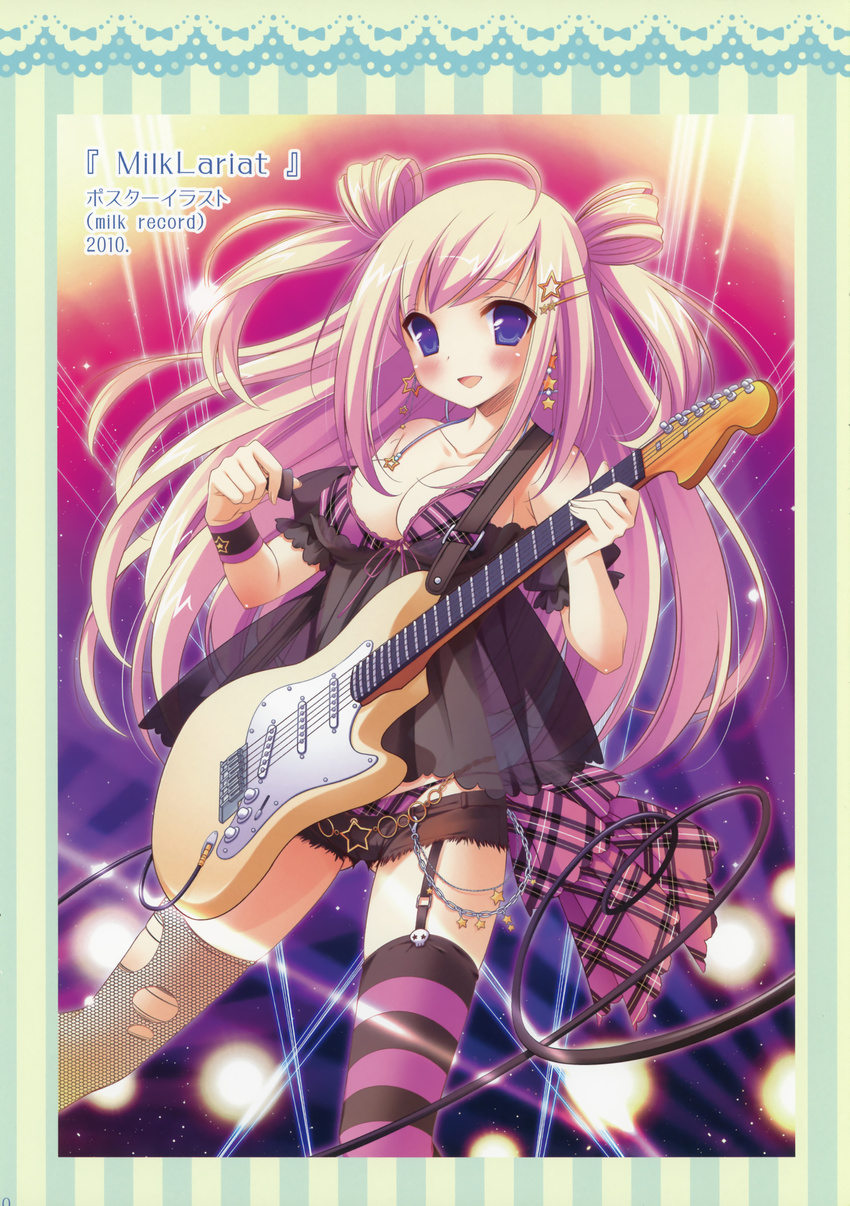 1girl absurdres asymmetrical_clothes blonde_hair blush bra breasts chain chains cleavage copyright_request cutoffs earrings electric_guitar fishnets front-tie_top guitar hair_ornament hairclip highres instrument inugahora_an jewelry lingerie long_hair open_mouth panties plectrum see-through short_shorts shorts smile solo thighhighs torn_clothes underwear