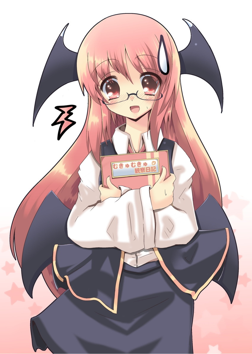 1girl :d bat_wings bespectacled blush book commentary_request dress_shirt glasses head_wings highres koakuma long_hair long_sleeves low_wings open_mouth red_eyes red_hair shirt skirt skirt_set smile snow_(gi66gotyo) solo sweatdrop touhou translated very_long_hair vest wide_sleeves wings