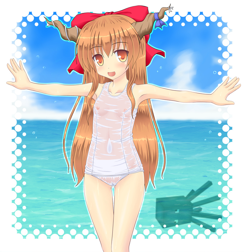 bow cameltoe collarbone day flat_chest hair_bow highres horn_ribbon horns ibuki_suika long_hair minecraft navel nipples noveske_n4 one-piece_swimsuit open_mouth orange_eyes orange_hair outstretched_arms ribbon school_swimsuit see-through smile solo spread_arms squid swimsuit touhou water wet wet_clothes white_school_swimsuit white_swimsuit