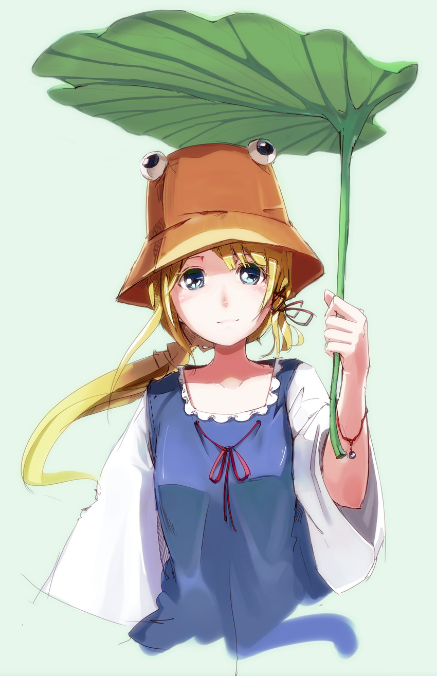 adapted_costume alternate_hair_length alternate_hairstyle blonde_hair blue_eyes blush bracelet colored_eyelashes hat highres jewelry leaf_umbrella long_hair looking_at_viewer moriya_suwako pemu ponytail ribbon simple_background sketch solo touhou upper_body