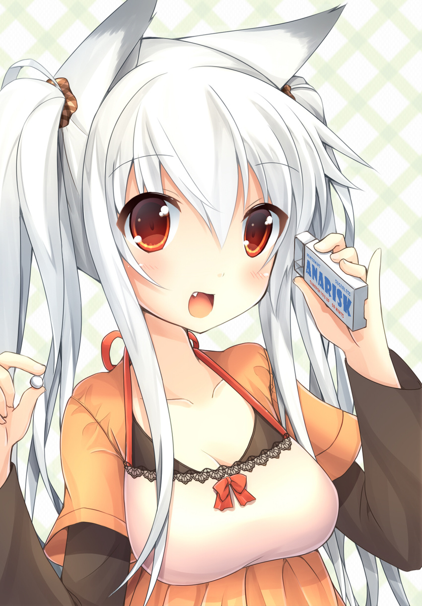animal_ears bad_id bad_pixiv_id blush breasts cleavage collarbone fang halterneck highres large_breasts looking_at_viewer mint mint_(candy) original oruto_(ort+) red_eyes shi-chan_(oruton) smile solo twintails upper_body white_hair
