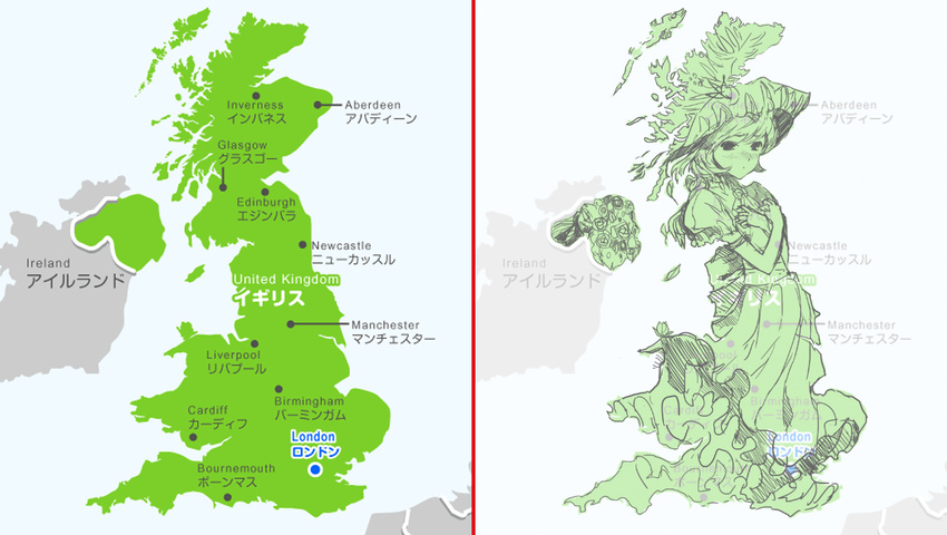 blush bouquet british dress fish flat_chest flower frills fuyuno_haruaki hands_on_own_chest hat hat_feather ireland long_dress looking_at_viewer map original personification puffy_sleeves solo techno_fuyuno united_kingdom