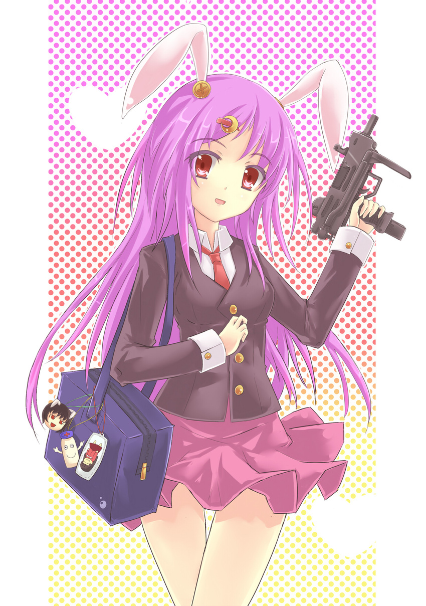 :3 animal_ears bag black_hair blazer bookbag bunny_ears buttons crescent crescent_hair_ornament cross dress_shirt gun hair_ornament hairclip hat heart highres houraisan_kaguya imi_uzi inaba_tewi jacket necktie purple_hair red_eyes red_neckwear reisen_udongein_inaba shirt short_hair skirt smile solo submachine_gun tenhi_tsukitori teruyof touhou weapon yagokoro yukkuri_shiteitte_ne