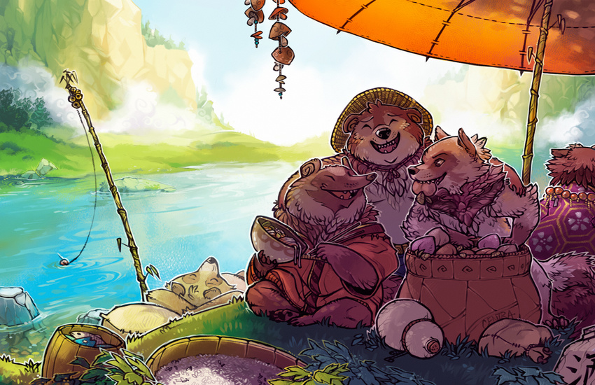 beach_umbrella bowl canine centradragon clothed clothing dog eyes_closed fish fishing_pole grass group leaves mammal marine nature necklace outside parasol river rock sitting tanuki water