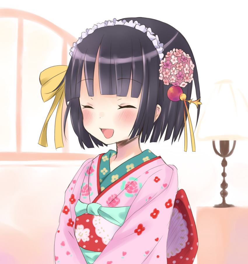 absurdres bad_id bad_pixiv_id blush closed_eyes highres ikoku_meiro_no_croisee japanese_clothes kimono pokachu smile solo yune_(ikoku_meiro_no_croisee)