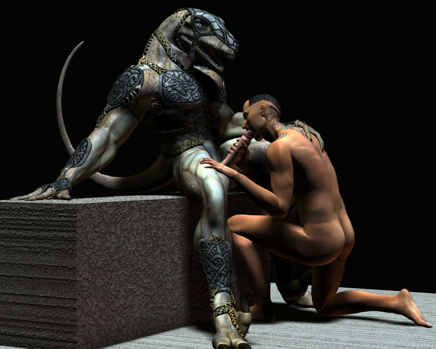 anthro armor dinosaur duo erection fellatio gay human human_on_anthro interspecies kneeling long_penis male mammal nude oral oral_sex penis penis_grab raptor scalie sex sitting tattoo unknown_artist