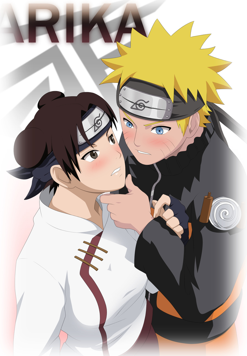 1girl blonde_hair blue_eyes blush brown_eyes brown_hair highres naruto naruto_(series) naruto_shippuuden self_upload source_request stiky_finkaz surprised tenten uzumaki_naruto vector_trace