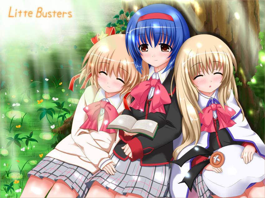 blonde_hair blue_hair book bow brown_eyes closed_eyes dappled_sunlight fang hat kamikita_komari little_busters! long_hair multiple_girls nishizono_mio noumi_kudryavka pink_bow school_uniform short_hair sleeping sunlight tree tyawan_(tyotoko)