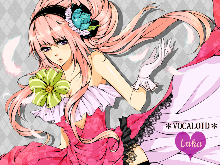 dress feathers flowers gloves megurine_luka pink_hair vocaloid