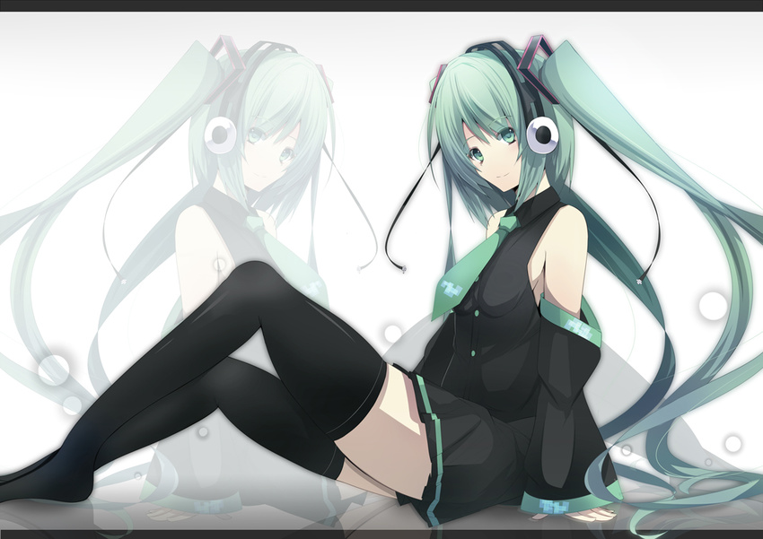 bad_id bad_pixiv_id daiaru detached_sleeves green_eyes green_hair hatsune_miku headphones letterboxed long_hair necktie sitting skirt smile solo thighhighs twintails very_long_hair vocaloid zettai_ryouiki zoom_layer