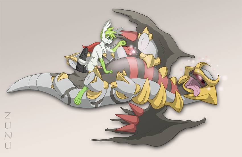 duo erection feral gay giratina glowing glowing_eyes hypnosis legendary_pok&#233;mon lying male mind_control nintendo on_back penis pok&#233;mon pok&eacute;mon shaymin shaymin_(sky_form) size_difference tongue tongue_out video_games zunu-raptor