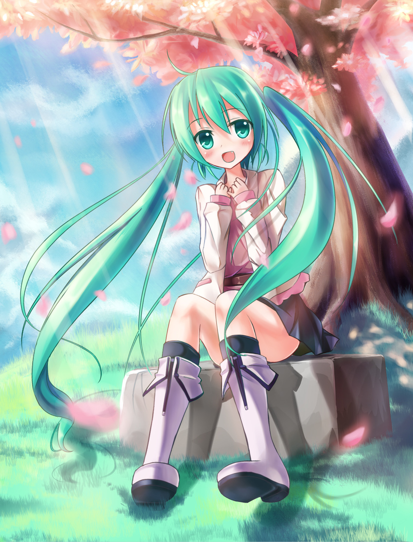 absurdres black_legwear blurry blurry_background blush boots cloud day green_eyes green_hair hatsune_miku highres hill jacket long_hair open_mouth outdoors petals pigeon-toed sitting skirt smile solo tree twintails very_long_hair vocaloid wind zi_se zipper