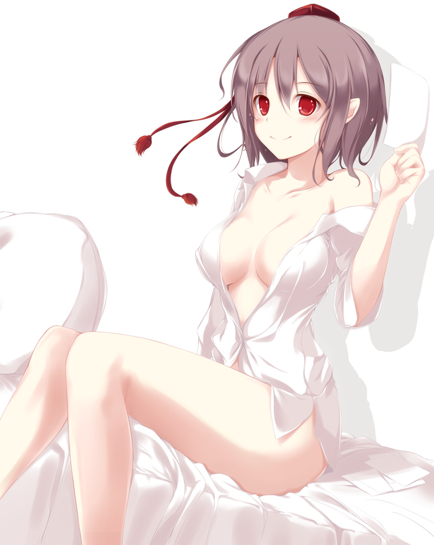 bare_shoulders bed bottomless breasts breasts_apart brown_hair collarbone dress_shirt fal_maro hat highres large_breasts looking_at_viewer naked_shirt no_bra no_pants off_shoulder open_clothes open_shirt pointy_ears red_eyes shameimaru_aya shirt smile solo tokin_hat touhou