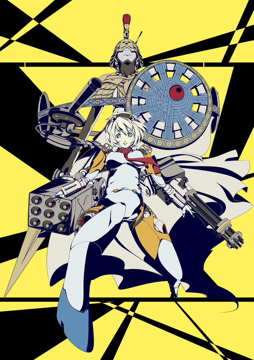 absurdres aegis_(persona) android athena_(megami_tensei) blonde_hair blue_eyes gatling_gun gun highres huge_weapon missile_pod necktie persona persona_3 persona_4:_the_ultimate_in_mayonaka_arena rocket_launcher short_hair weapon