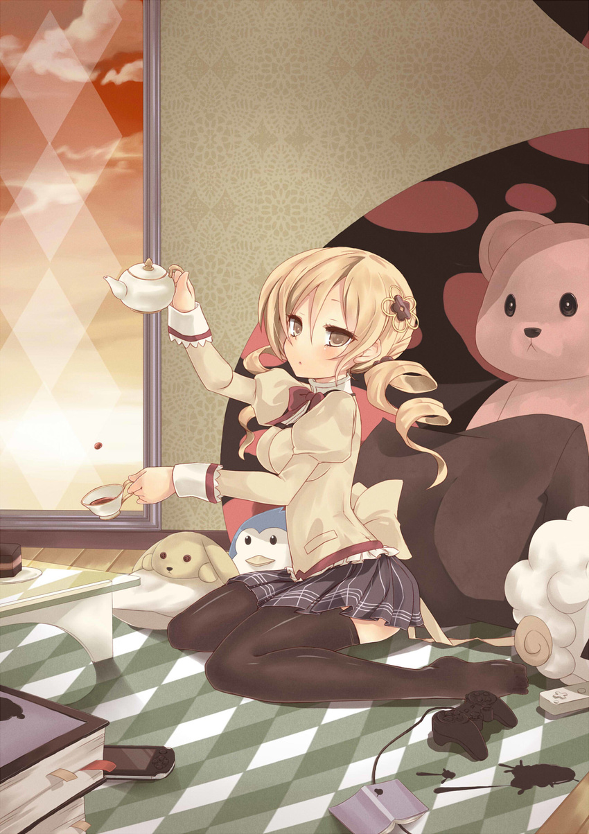 absurdres bird black_legwear blonde_hair book breasts bunny cake carpet charlotte_(madoka_magica) controller cup decantering drill_hair food frown game_console game_controller hair_ornament handheld_game_console highres kneeling large_breasts mahou_shoujo_madoka_magica penguin plaid plaid_skirt playstation playstation_portable pleated_skirt school_uniform sheep shirt skirt solo stain stuffed_animal stuffed_toy sunset table taut_clothes taut_shirt teacup teapot teddy_bear thighhighs tomoe_mami tsliuyixin wii wii_remote window yellow_eyes