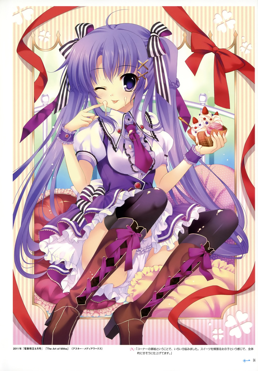 ;p absurdres boots copyright_request cream eating food highres ice_cream mitha one_eye_closed panties pantyshot school_uniform solo sundae thighhighs tongue tongue_out twintails underwear