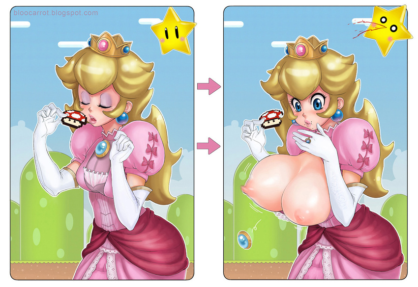 areolae blonde_hair bloocarrot blood blue_eyes blush blush_stickers bow breast_expansion breasts bursting_breasts closed_eyes crown directional_arrow dress elbow_gloves eyeshadow food food_on_face gameplay_mechanics gloves huge_breasts jewelry lips long_hair makeup mario_(series) nipples nosebleed pink_dress princess_peach puffy_sleeves ring solo star starman_(mario) super_mario_bros. super_mushroom surprised watermark web_address |_|