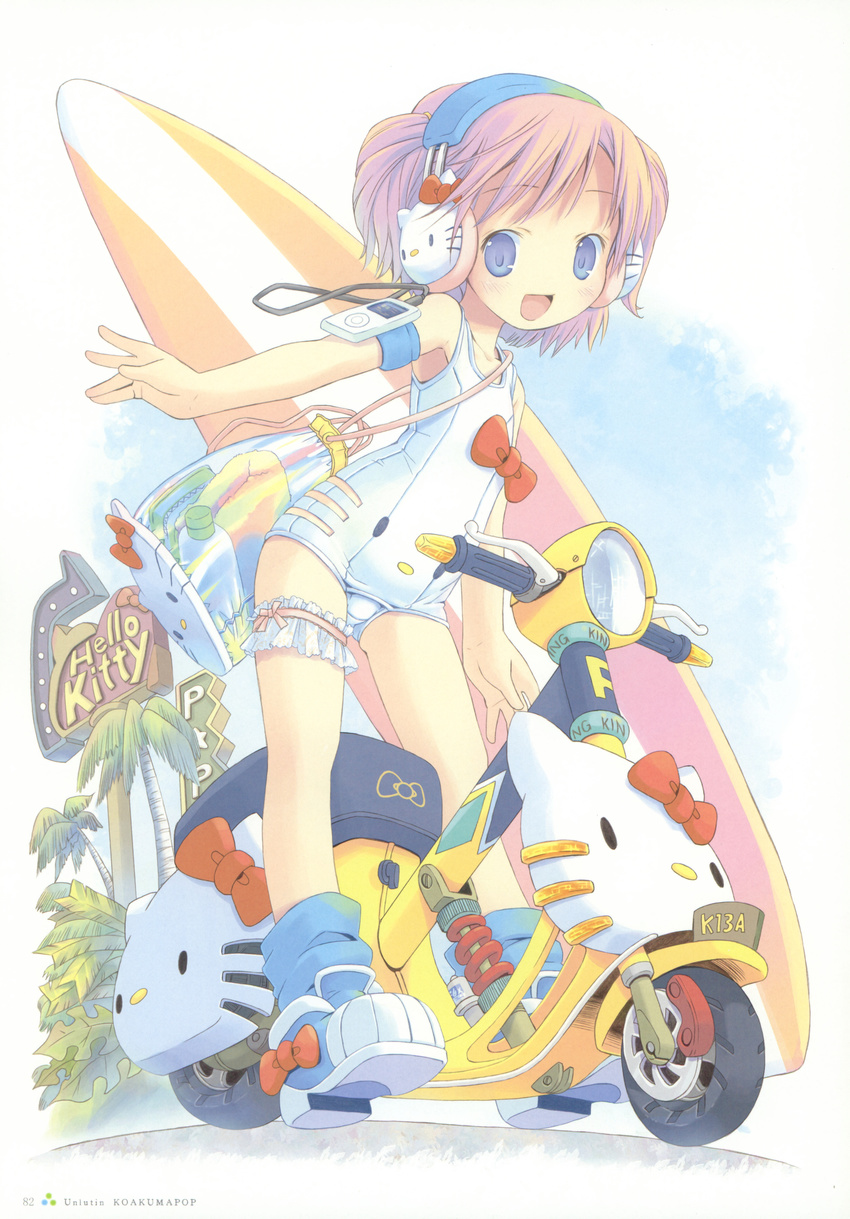 :d absurdres armband artbook bag blue_eyes blue_legwear blush digital_media_player flat_chest ground_vehicle handbag headphones hello_kitty highres leg_garter motor_vehicle motorcycle non-web_source one-piece_swimsuit open_mouth palm_tree pop project_witch red_hair ribbon school_swimsuit shoes short_hair short_twintails smile sneakers socks solo surfboard swimsuit tree twintails white_school_swimsuit white_swimsuit