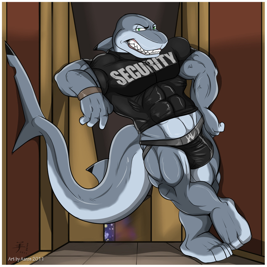aaron aaron_(artist) abs anthro biceps big_muscles bouncer bracelet bulge clothed clothing fin fish form_fitting green_eyes grin jewelry jockstrap leaning looking_at_viewer male marine muscles open_mouth pecs pepsi_(fa) plantigrade pose security shark sharp_teeth shirt smile solo standing tail teeth thighs tight_clothing trunks underwear