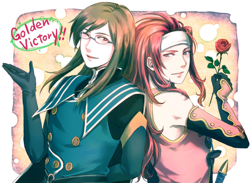 brown_hair coat english flower glasses gloves headband highres jade_curtiss jarako_(gaillardia) long_hair male_focus multiple_boys one_eye_closed red_eyes red_flower red_hair red_rose rose speech_bubble tales_of_(series) tales_of_symphonia tales_of_the_abyss zelos_wilder