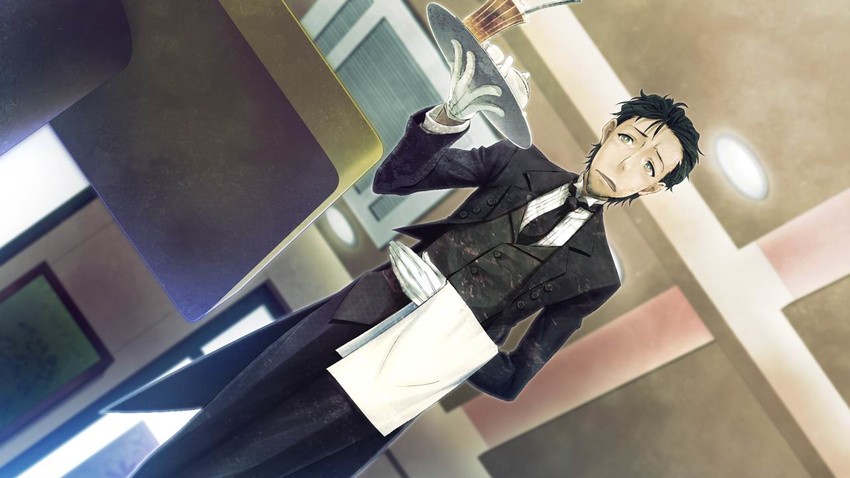 black_hair butler dutch_angle game_cg gloves huke male_focus necktie official_art okabe_rintarou solo source_request steins;gate sweat vest waistcoat white_gloves