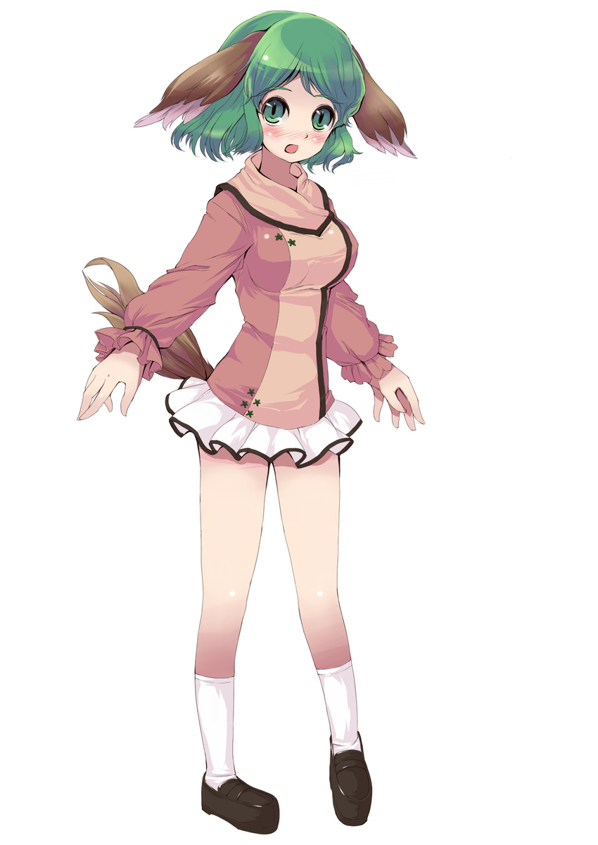 animal_ears blush breasts danbo_(rock_clime) dress green_eyes green_hair highres kasodani_kyouko medium_breasts open_mouth pink_dress short_hair skirt solo standing tail touhou