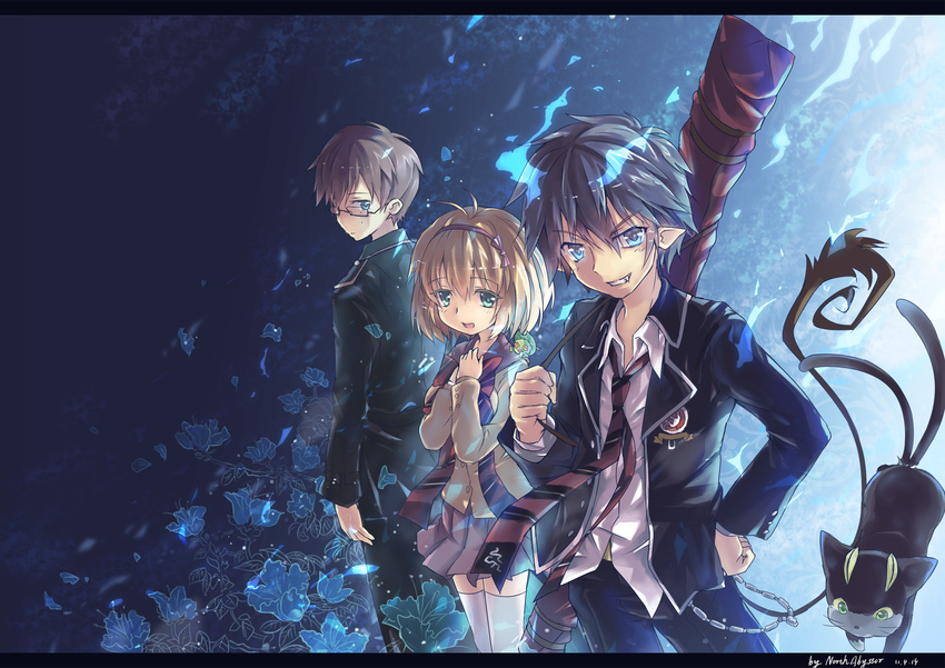 2boys ao_no_exorcist blue_eyes blue_fire brothers cat fang fire glasses highres letterboxed moriyama_shiemi multiple_boys north_abyssor okumura_rin okumura_yukio pointy_ears school_uniform siblings tail thighhighs zettai_ryouiki