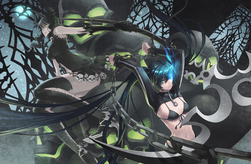 alternate_costume bare_shoulders bikini_top black_rock_shooter black_rock_shooter_(character) boots catwyz chain dead_master highres multiple_girls scythe skull thigh_boots thighhighs