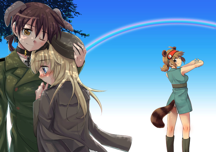 animal_ears blonde_hair blue_eyes blush boots brown_eyes brown_hair gertrud_barkhorn hat helma_lennartz hug long_hair looking_back military military_uniform multiple_girls niina_ryou one_eye_closed original outstretched_arms rainbow smile stretch strike_witches tail tears uniform world_witches_series yuri