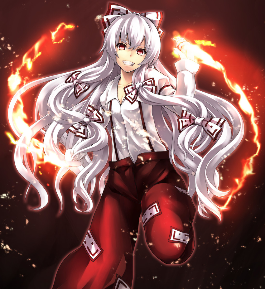 asu_hare bad_id bad_pixiv_id bow fire fujiwara_no_mokou grin hair_bow highres long_hair looking_at_viewer magic pants red_eyes ribbon silver_hair smile solo standing standing_on_one_leg suspenders touhou very_long_hair