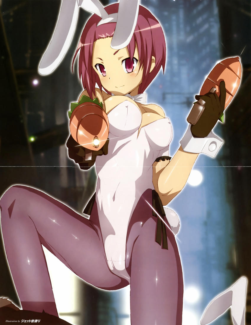 animal_ears breasts bunny_ears bunny_girl bunny_tail bunnysuit carrot copyright_request covered_nipples crease detached_collar gloves gun highres jet_yowatari medium_breasts pantyhose purple_eyes purple_hair scan short_hair solo tail weapon wrist_cuffs