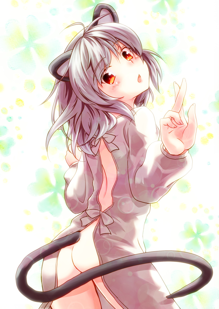 :o animal_ears ass blush bottomless bow grey_hair highres irusu looking_back looking_down mouse_ears nazrin no_panties solo tail touhou