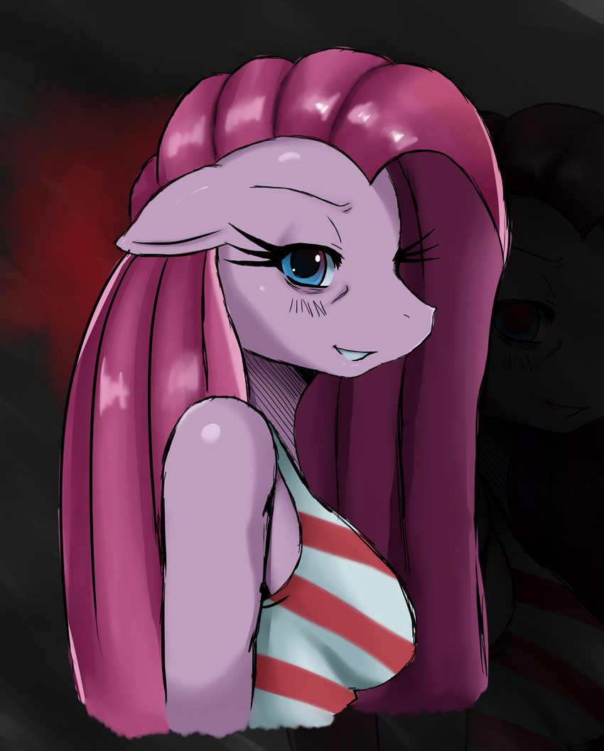 anthro anthrofied black_and_red_background blue_eyes clothing equine eyelashes female friendship_is_magic fur hair hasbro horse looking_at_viewer mammal my_little_pony pink_body pink_fur pink_hair pinkamena_(mlp) pinkie_pie_(mlp) pony reflection shiny shirt smile solo sssonic2 tank_top teeth