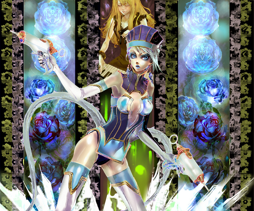 bad_id bad_pixiv_id bare_shoulders blonde_hair blue_eyes blue_flower blue_hair blue_rose blue_rose_(tiger_&amp;_bunny) boots breasts cleavage closed_eyes dress dual_persona earrings elbow_gloves flower gloves gun hat highres ice jewelry karina_lyle lipstick makeup medium_breasts rose short_hair sunshine_kamura superhero thighhighs tiger_&amp;_bunny weapon