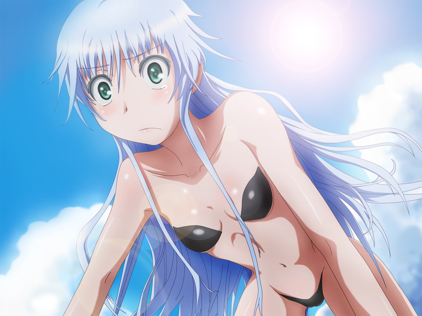 all_fours bare_shoulders beach blue_hair day green_eyes highres index long_hair michiomichio solo sun swimsuit to_aru_majutsu_no_index
