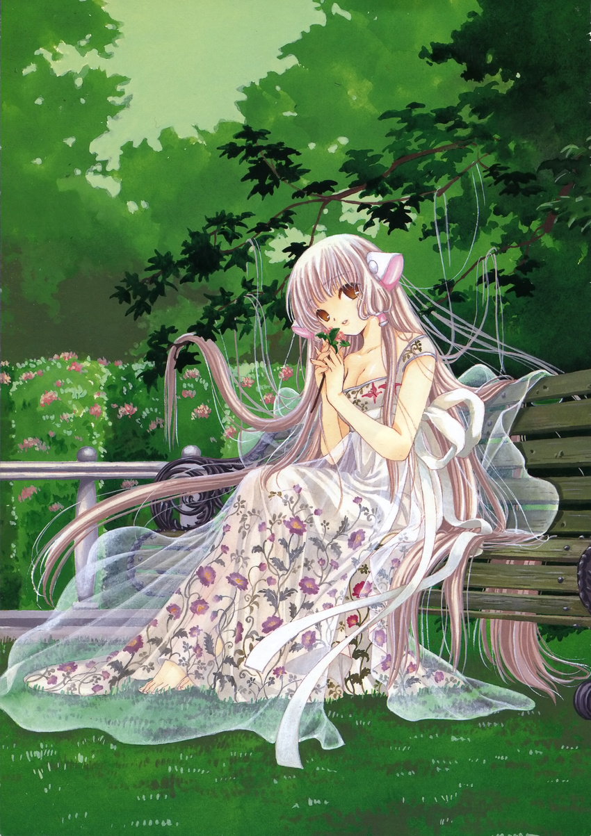 1girl absurdres artbook bench breasts chii chobits clamp cleavage comic dress flower highres holding holding_flower long_hair manga official_art robot_ears see-through sitting solo very_long_hair